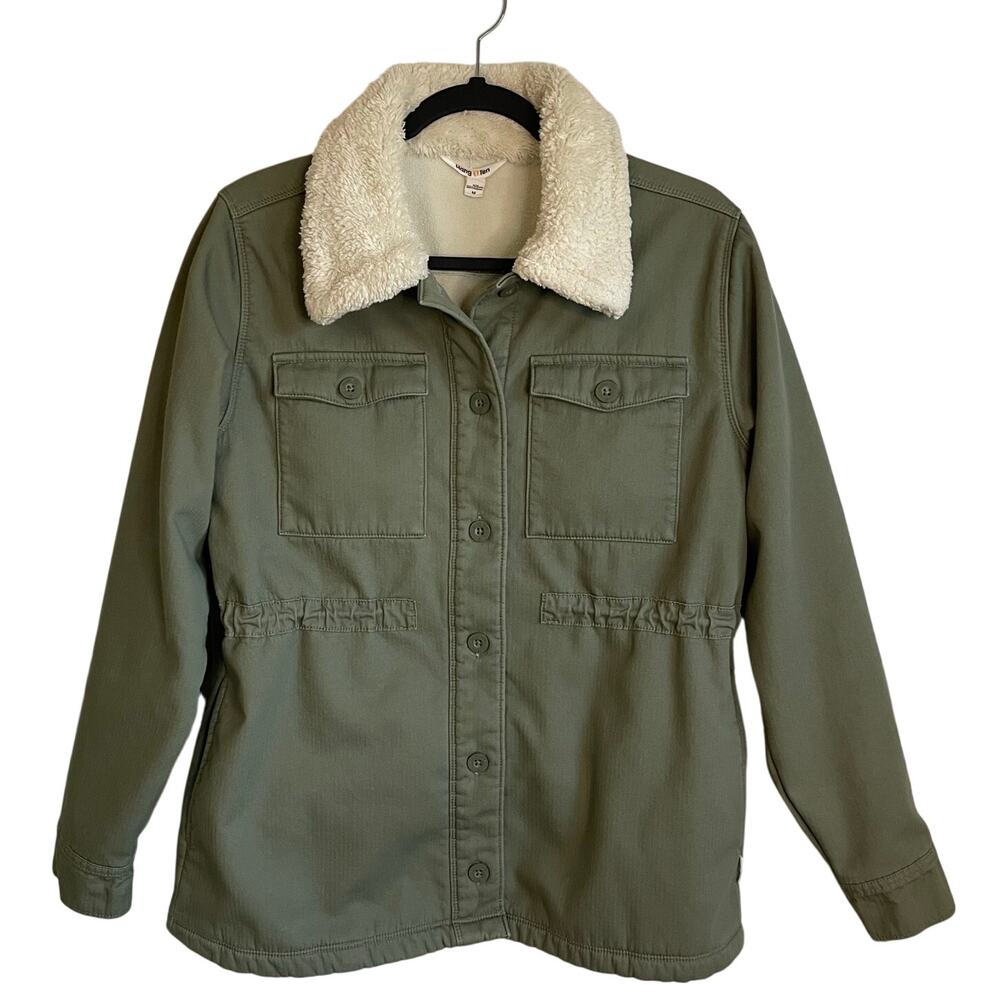 Hang Ten Utility Jacket Sz M Olive Green Button Front Sherpa Collar Pockets